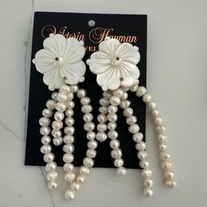 Victoria Hayman Carved Flower & Pearl Drop Earrings New